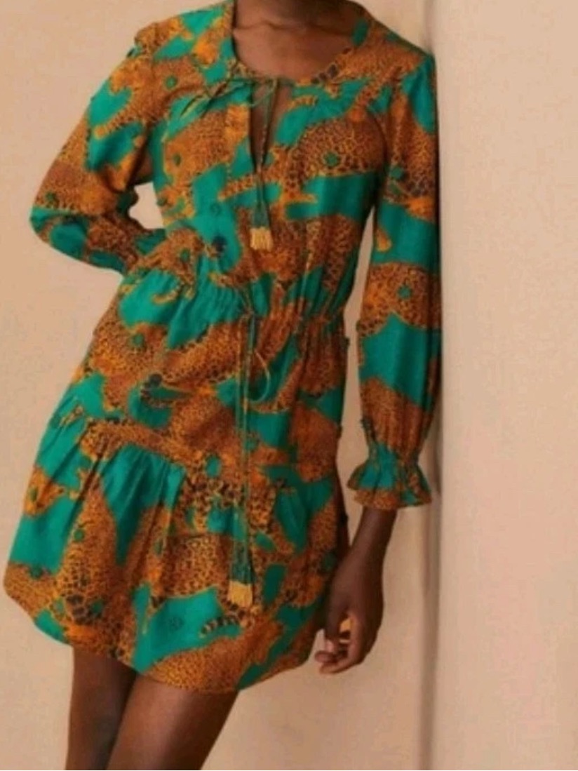 Farm Rio Nwt Green & Mustard Leopard Print Long-Sleeve Dress